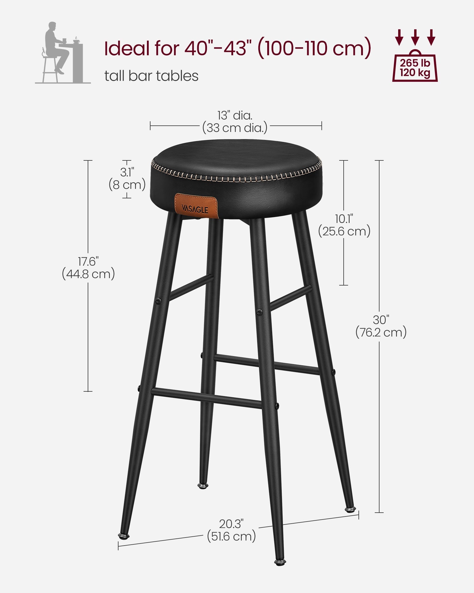 Bar Stools Set of 2 – Synthetic Leather – Black – 63 cm Tall with Easy Assembly