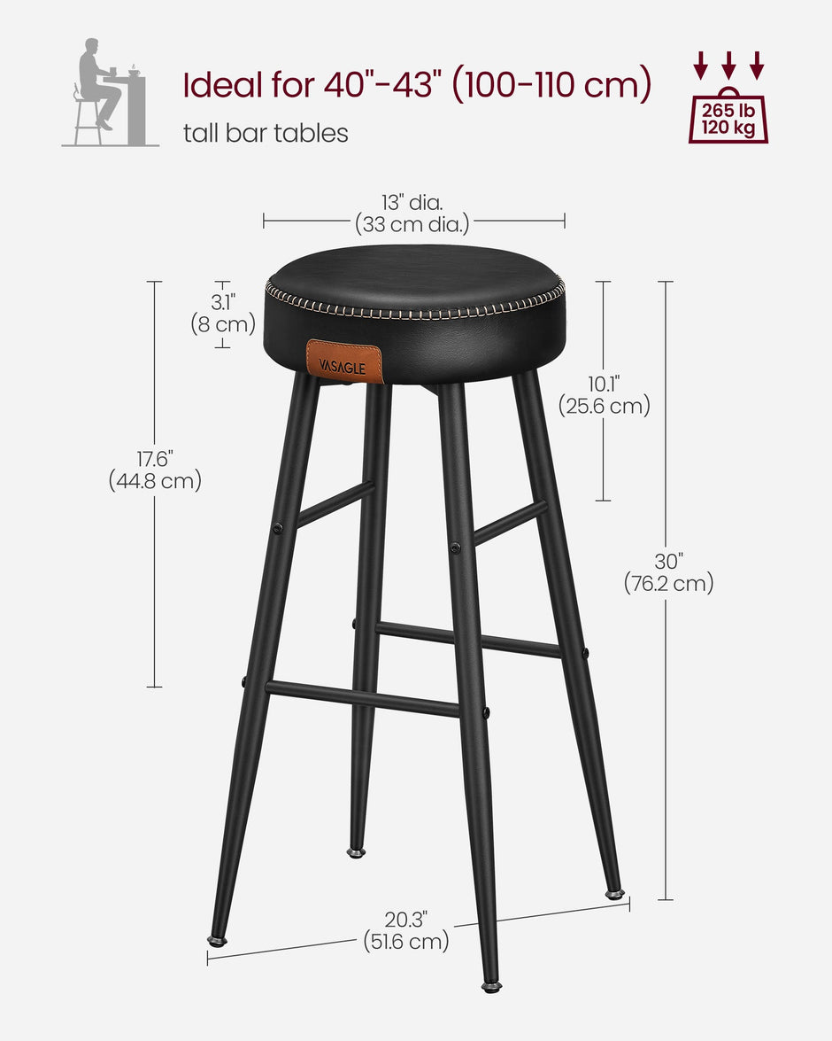 Bar Stools Set of 2 – Synthetic Leather – Black – 63 cm Tall with Easy Assembly