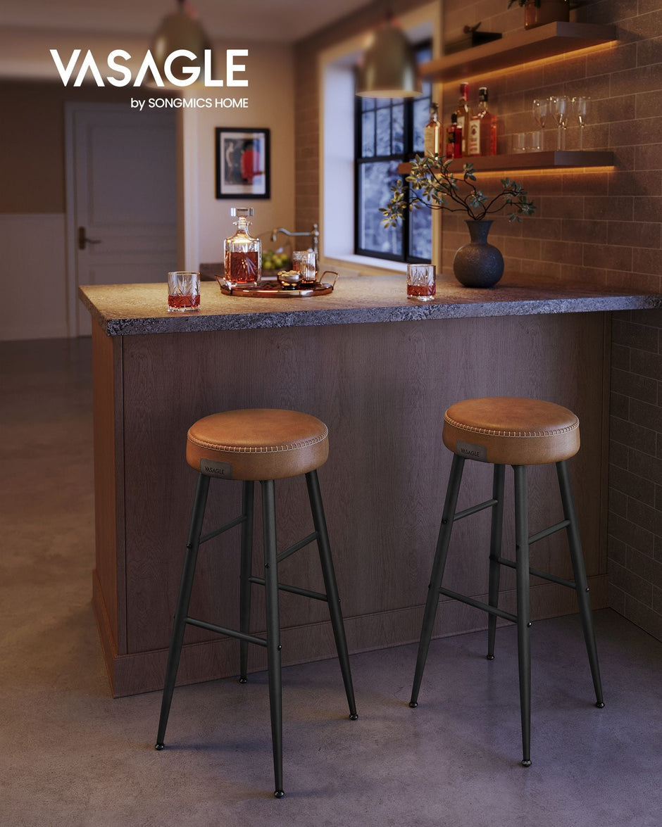 Bar Stools Set of 2 – Synthetic Leather – Black – 63 cm Tall with Easy Assembly