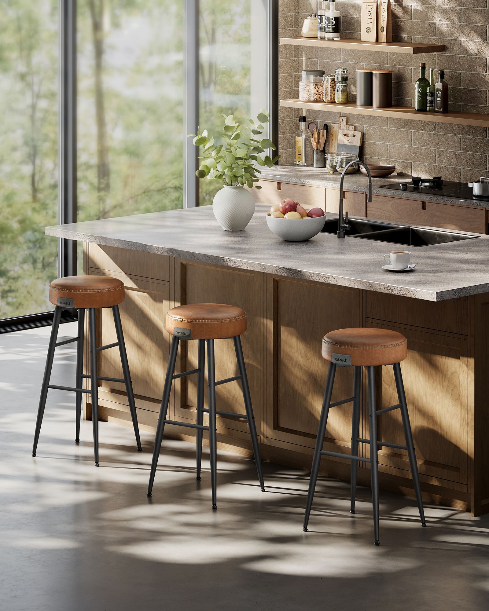Bar Stools Set of 2 – Synthetic Leather – Black – 63 cm Tall with Easy Assembly