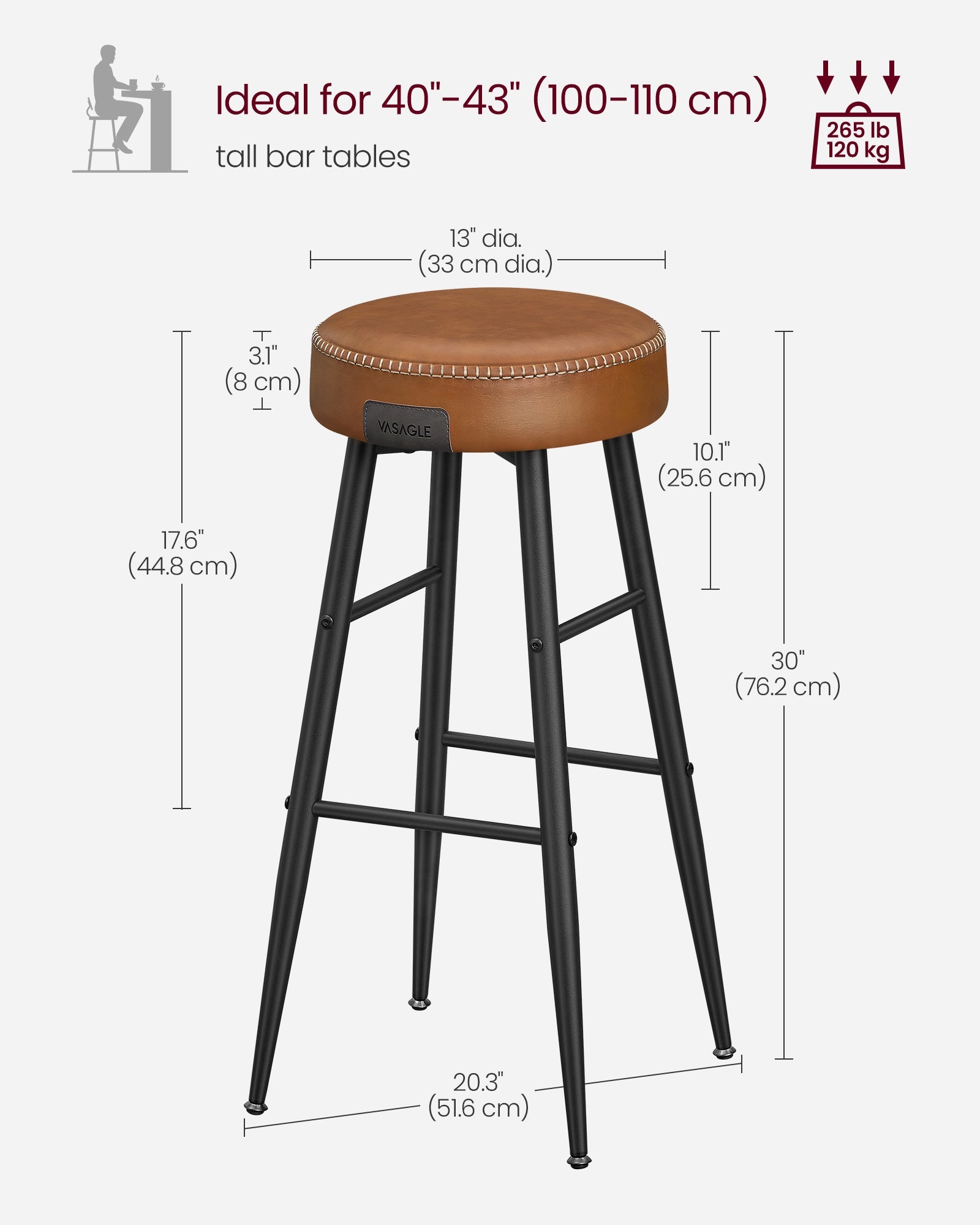 Bar Stools Set of 2 – Synthetic Leather – Black – 63 cm Tall with Easy Assembly