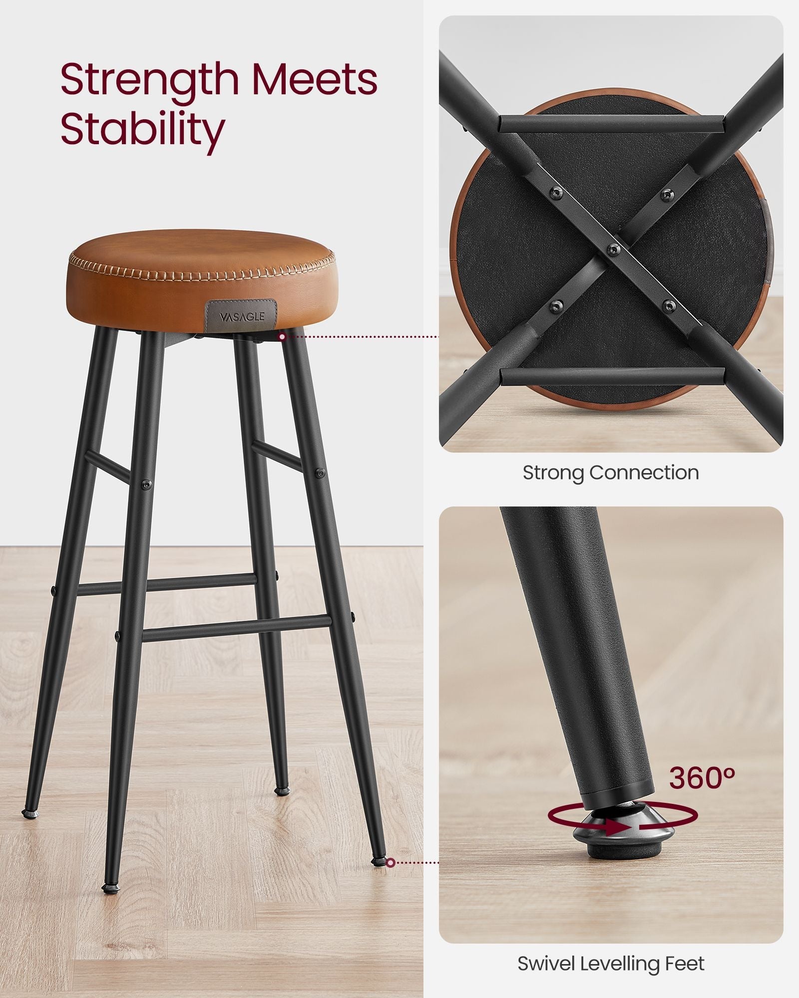 Bar Stools Set of 2 – Synthetic Leather – Black – 63 cm Tall with Easy Assembly