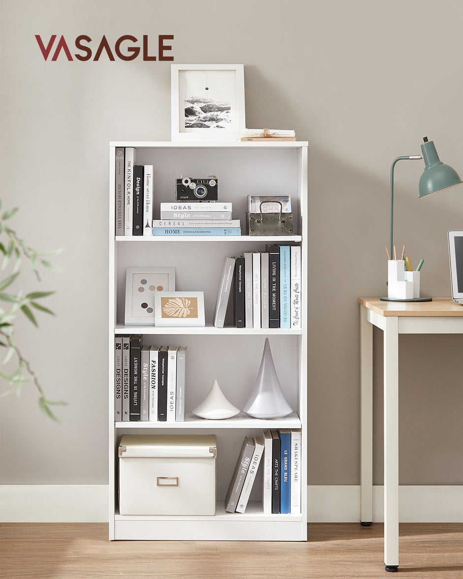 4 Tier Bookcase – Wood – White – Adjustable Shelves and Children's Bookshelf