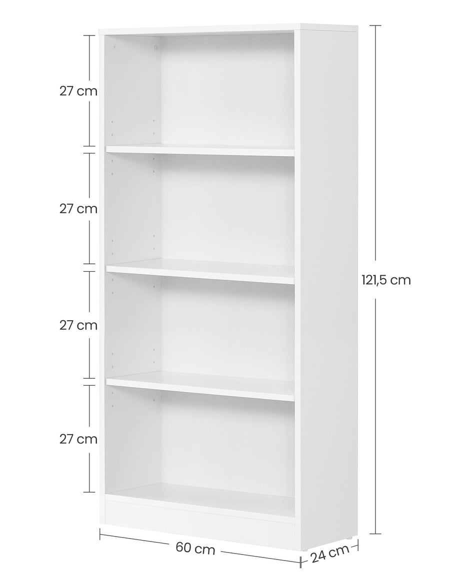 4 Tier Bookcase – Wood – White – Adjustable Shelves and Children's Bookshelf