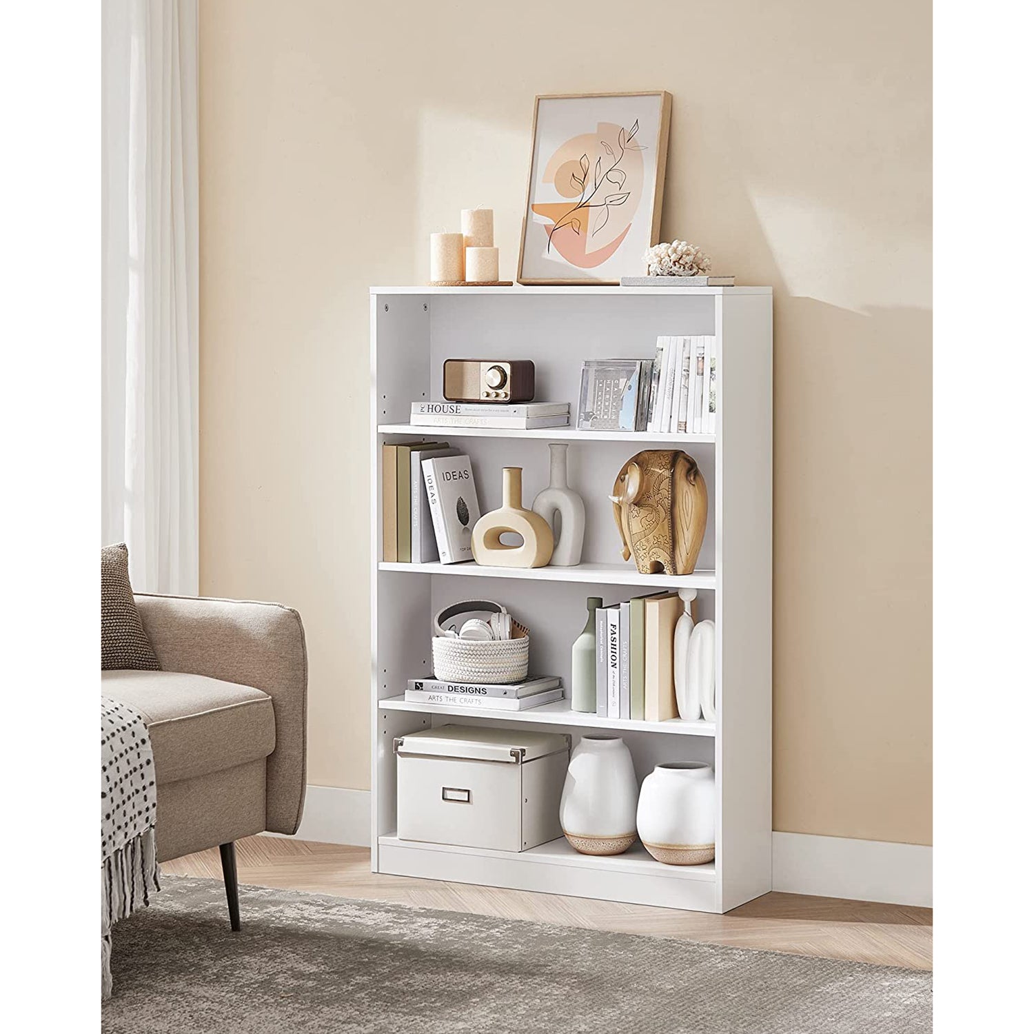 4 Tier Bookcase – Wood – Natural Finish – Adjustable Shelves for Children's Books and Home Office Storage