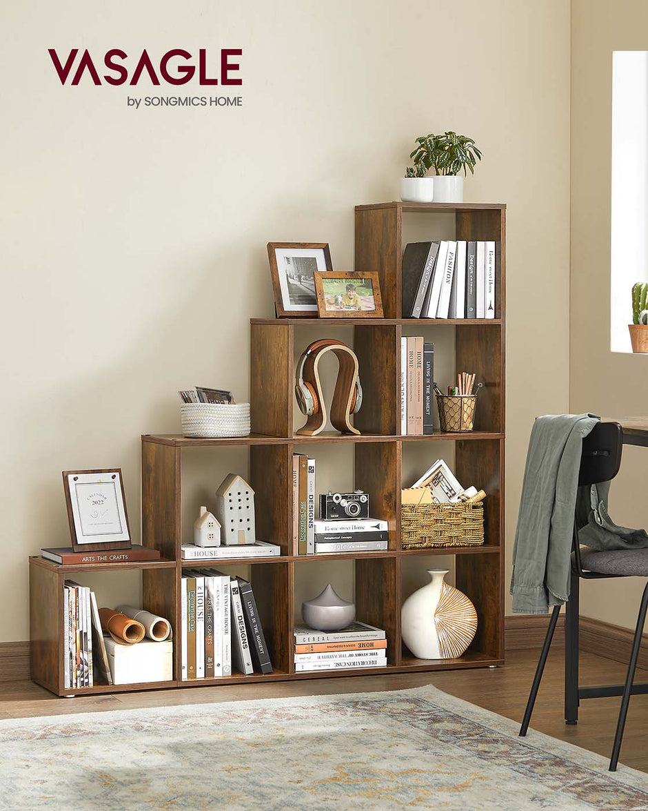 Staircase Shelf – Wooden – White – 10 Open Cubes, Free Standing and Room Divider