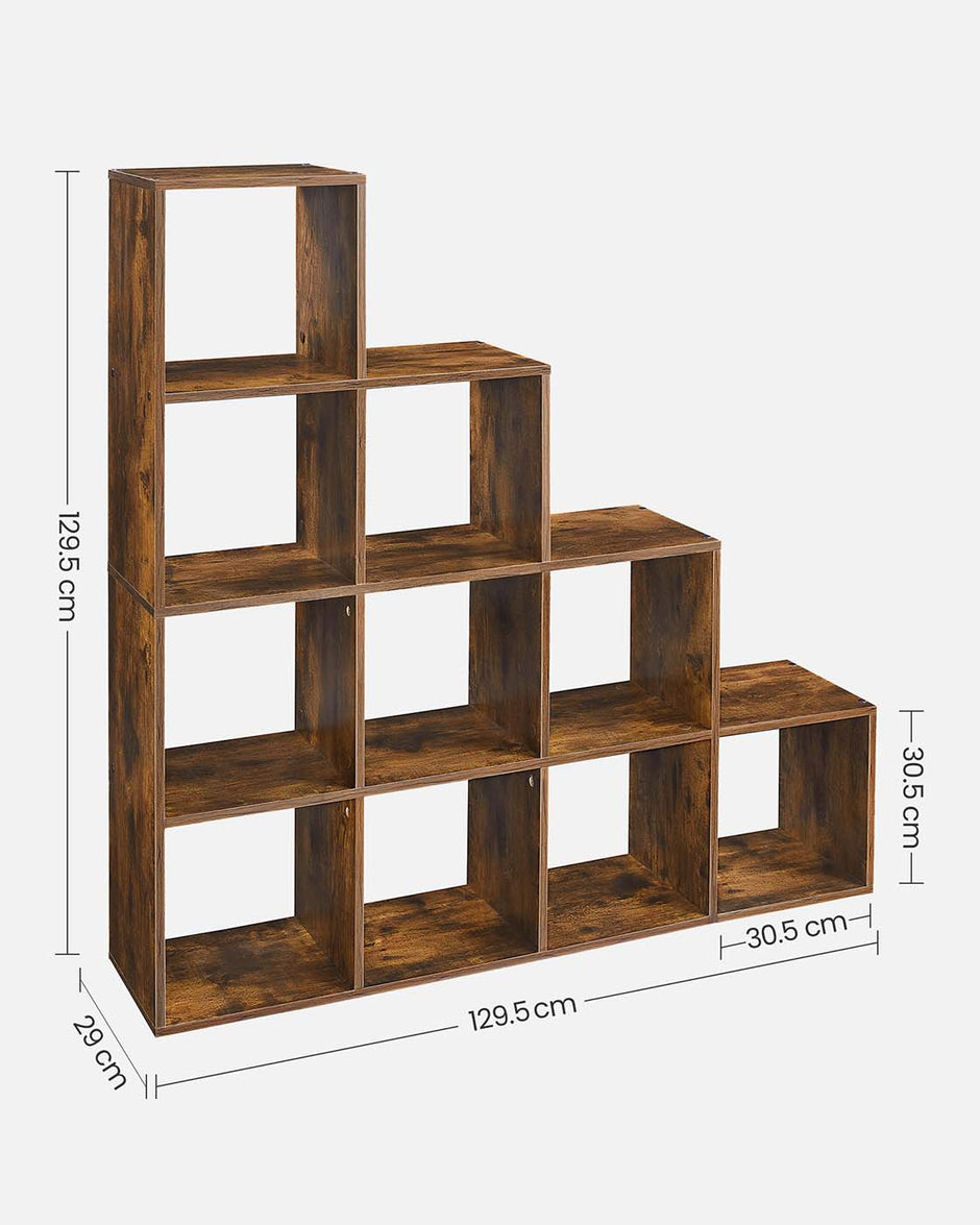 Staircase Shelf – Wooden – White – 10 Open Cubes, Free Standing and Room Divider