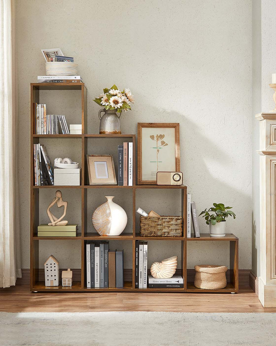 Staircase Shelf – Wooden – White – 10 Open Cubes, Free Standing and Room Divider