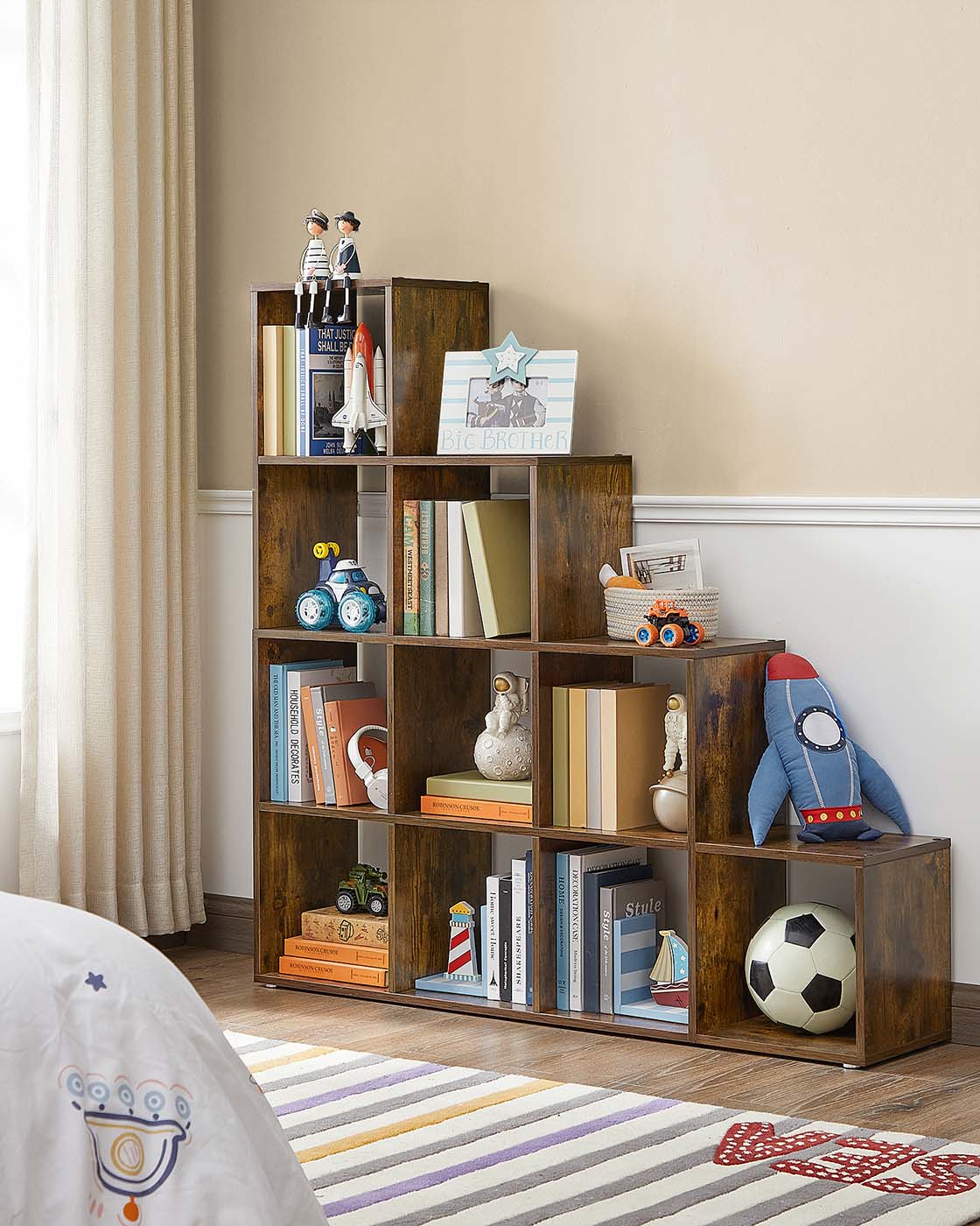 Staircase Shelf – Wooden – White – 10 Open Cubes, Free Standing and Room Divider