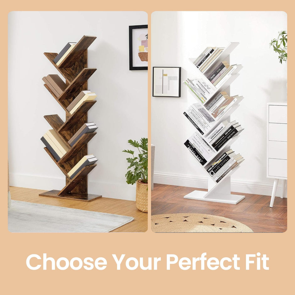 Corner Bookcase – Wood – Rustic Brown – 9-Tier Design for Books and Media