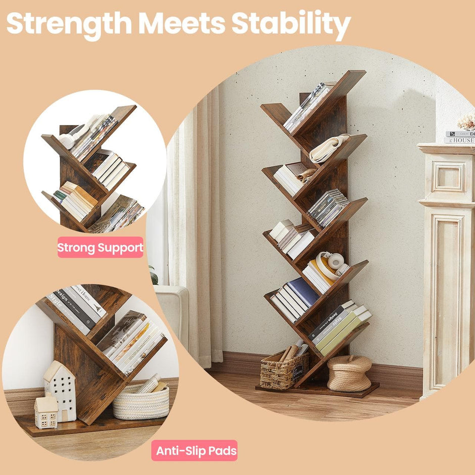 Corner Bookcase – Wood – Rustic Brown – 9-Tier Design for Books and Media