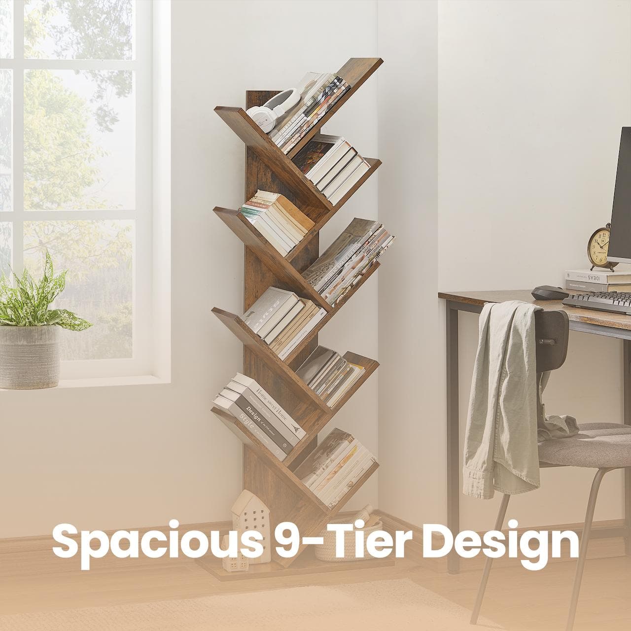 Corner Bookcase – Wood – Rustic Brown – 9-Tier Design for Books and Media