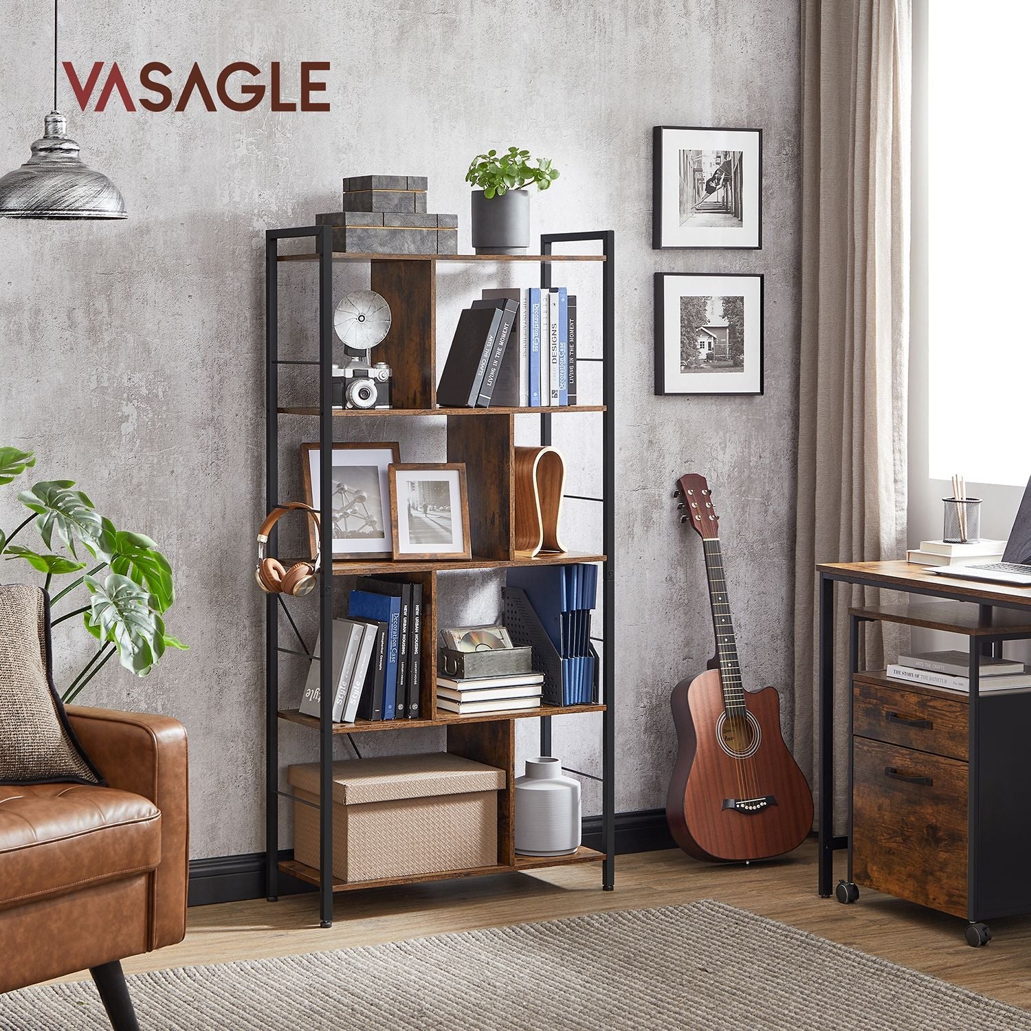 Bookshelf – Wood and Metal – Rustic Brown and Black – 5-Tier Industrial Storage Shelf