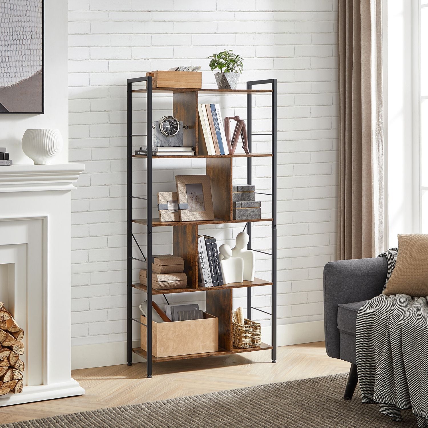 Bookshelf – Wood and Metal – Rustic Brown and Black – 5-Tier Industrial Storage Shelf