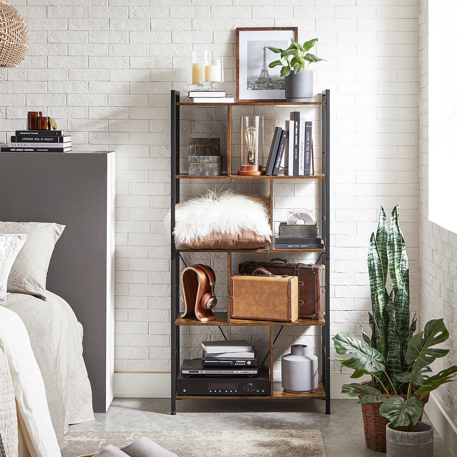 Bookshelf – Wood and Metal – Rustic Brown and Black – 5-Tier Industrial Storage Shelf