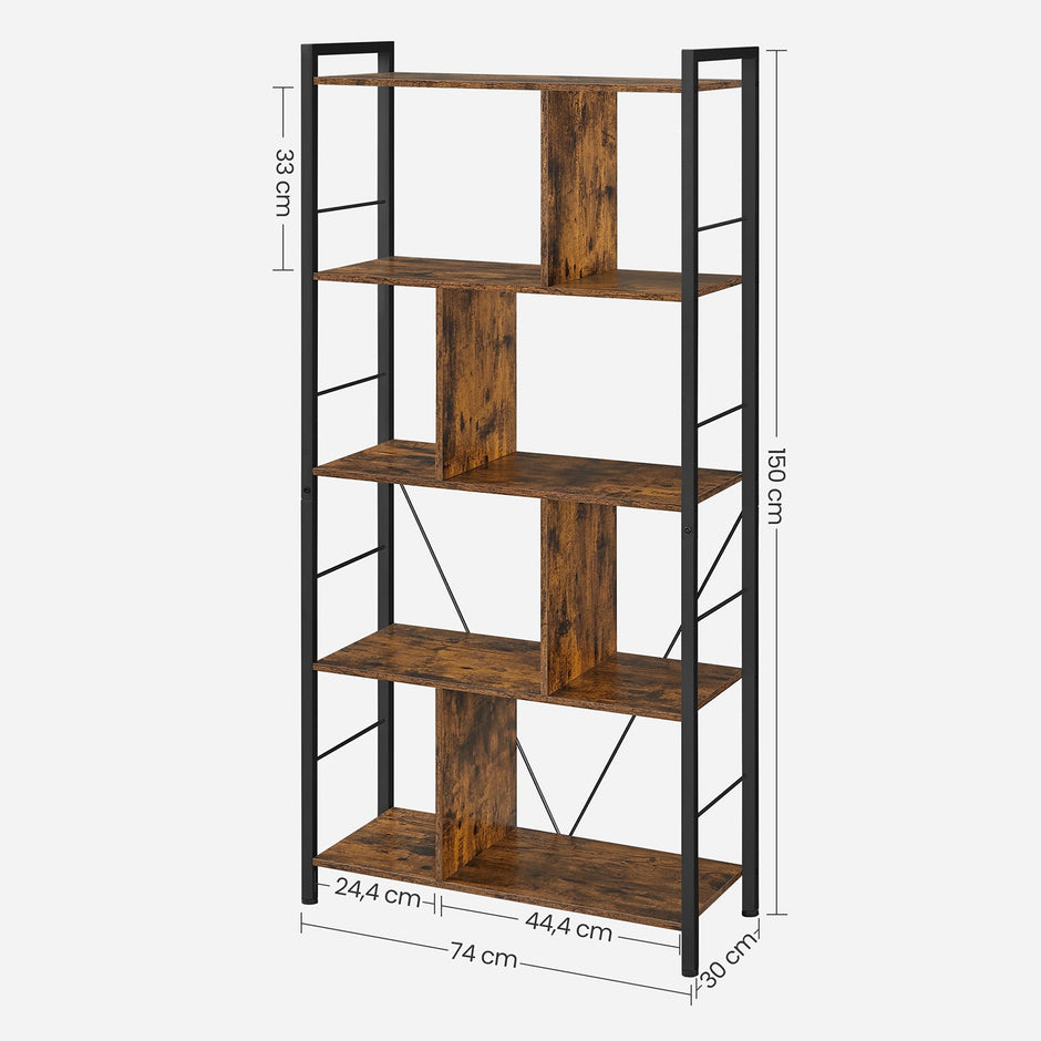 Bookshelf – Wood and Metal – Rustic Brown and Black – 5-Tier Industrial Storage Shelf