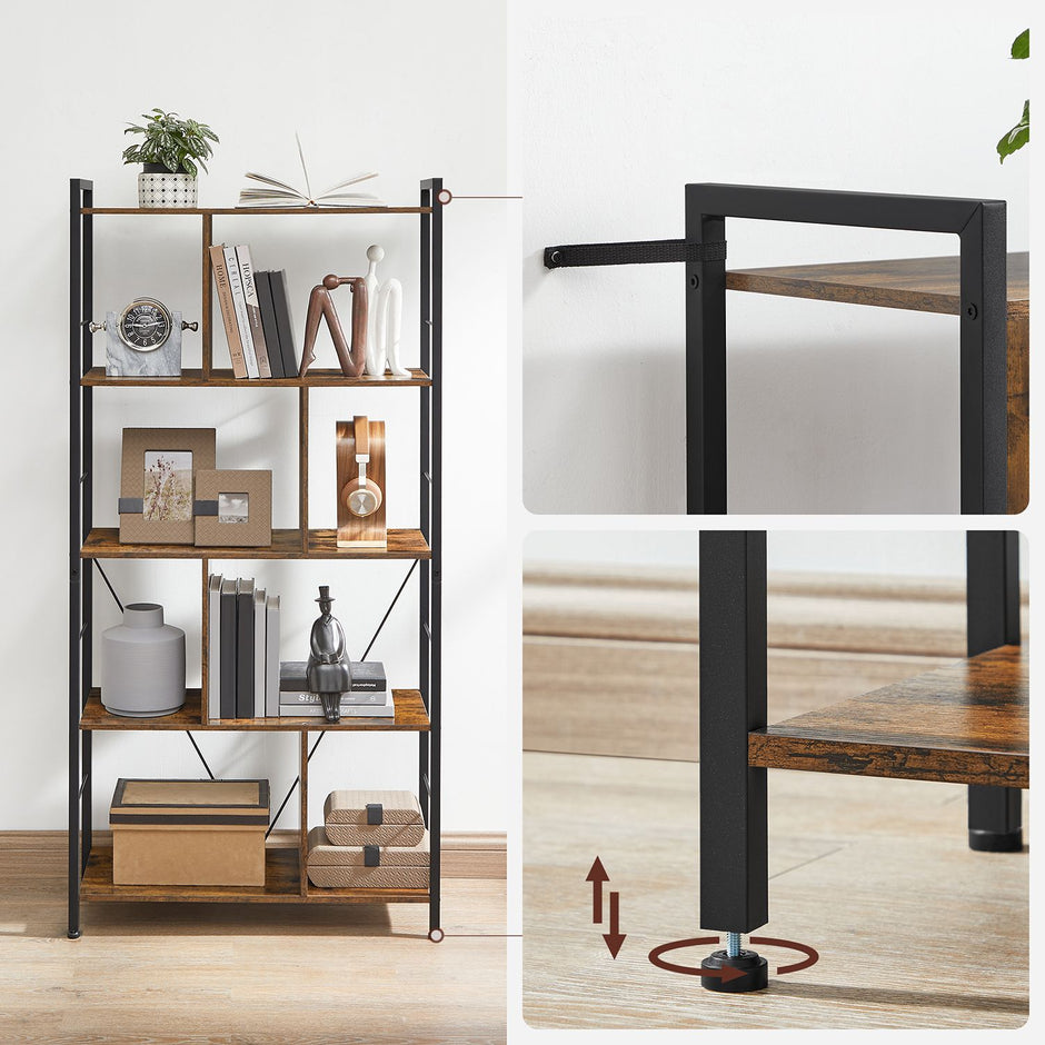 Bookshelf – Wood and Metal – Rustic Brown and Black – 5-Tier Industrial Storage Shelf
