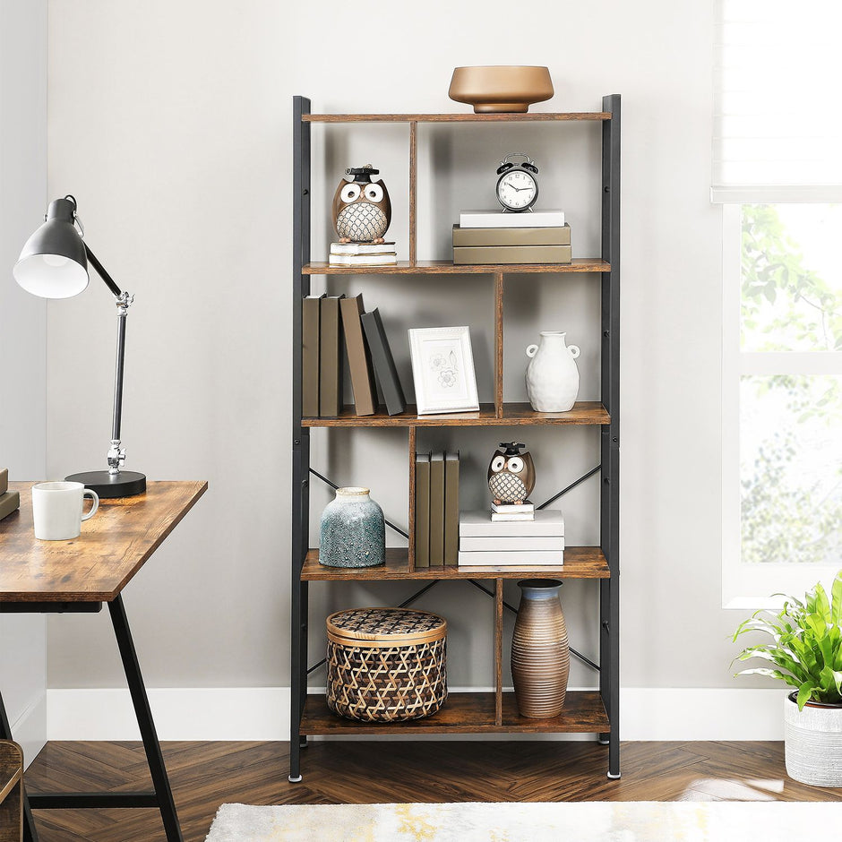 4 Tier Bookshelf – Engineered Wood and Iron – Rustic Brown – Large Floor Standing Storage Rack
