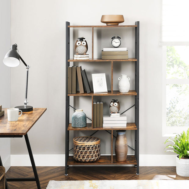 4 Tier Bookshelf – Engineered Wood and Iron – Rustic Brown – Large Floor Standing Storage Rack