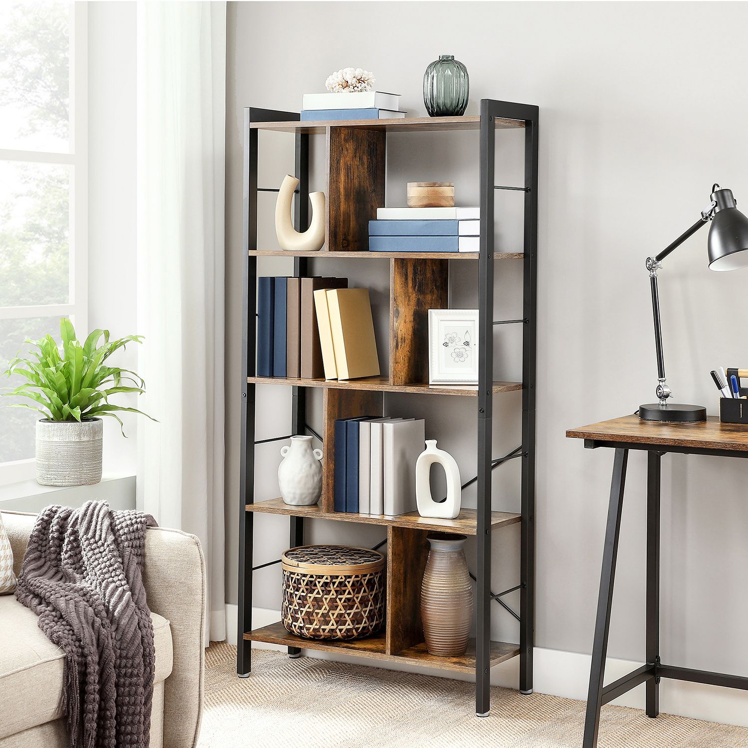 4 Tier Bookshelf – Engineered Wood and Iron – Rustic Brown – Large Floor Standing Storage Rack