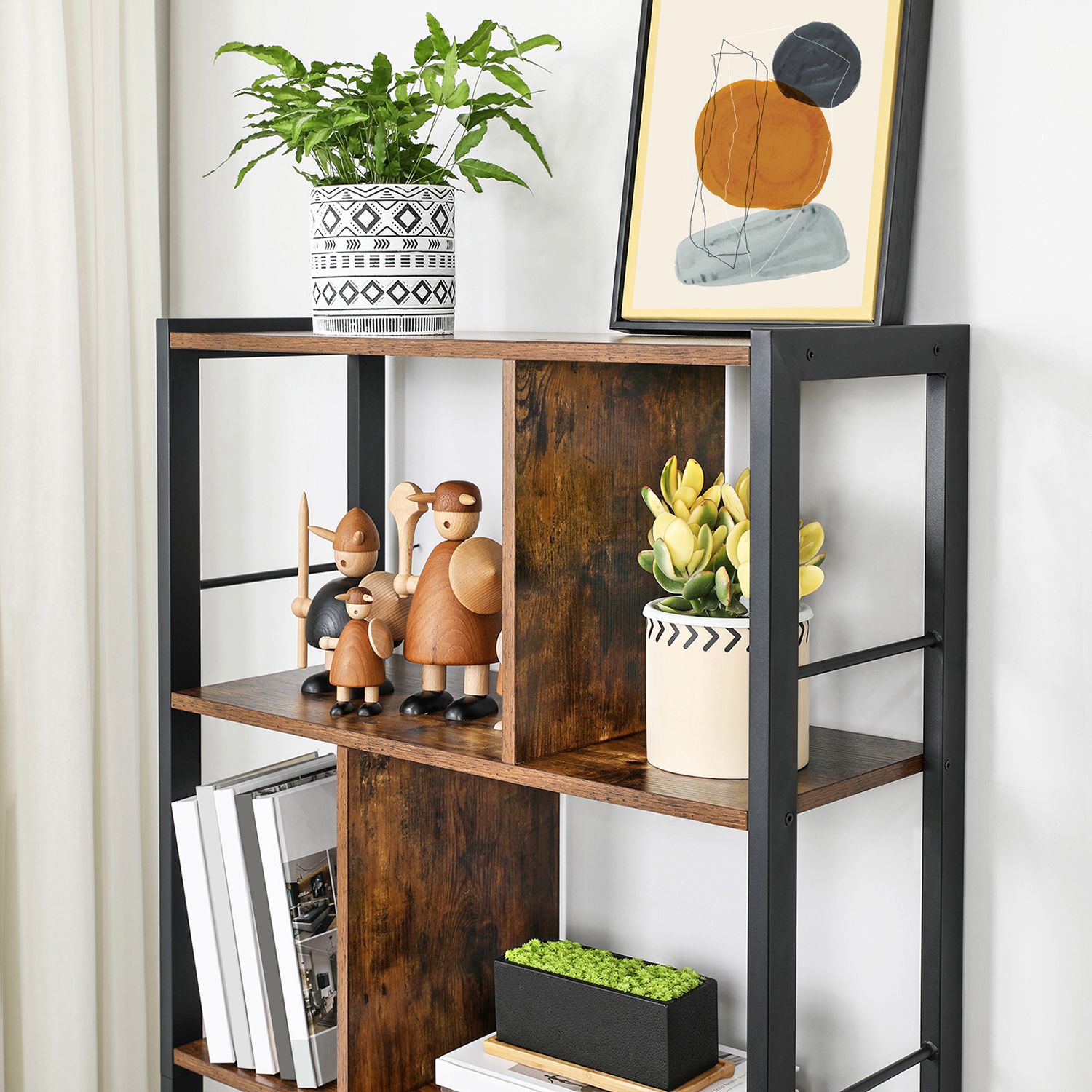 4 Tier Bookshelf – Engineered Wood and Iron – Rustic Brown – Large Floor Standing Storage Rack