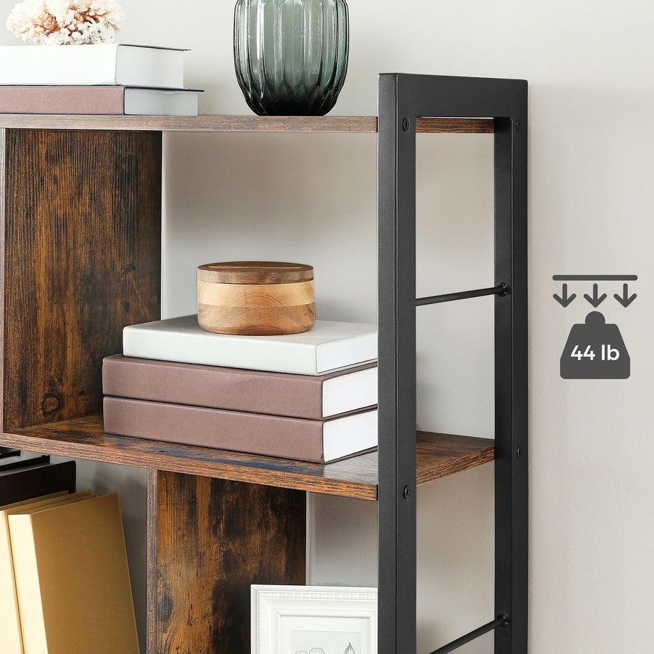 4 Tier Bookshelf – Engineered Wood and Iron – Rustic Brown – Large Floor Standing Storage Rack