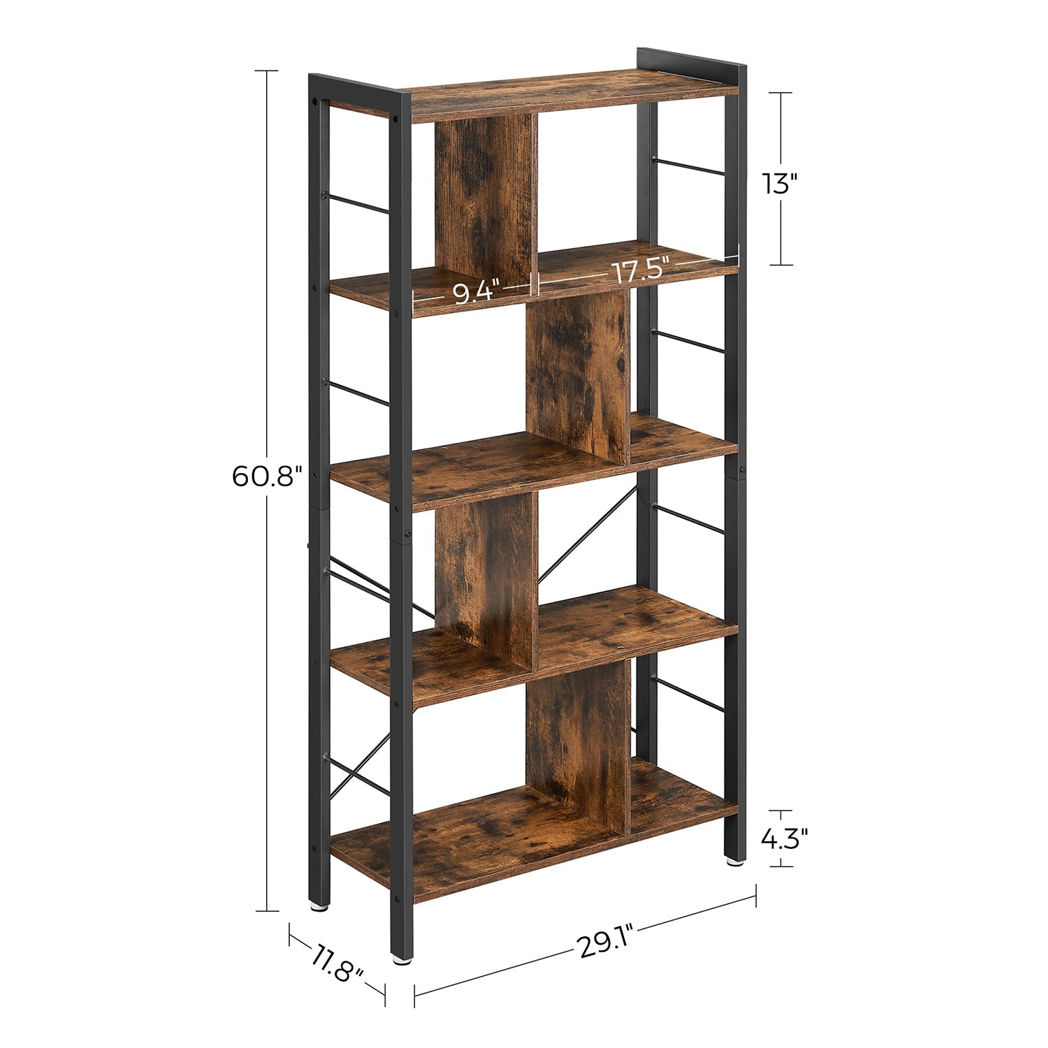 4 Tier Bookshelf – Engineered Wood and Iron – Rustic Brown – Large Floor Standing Storage Rack