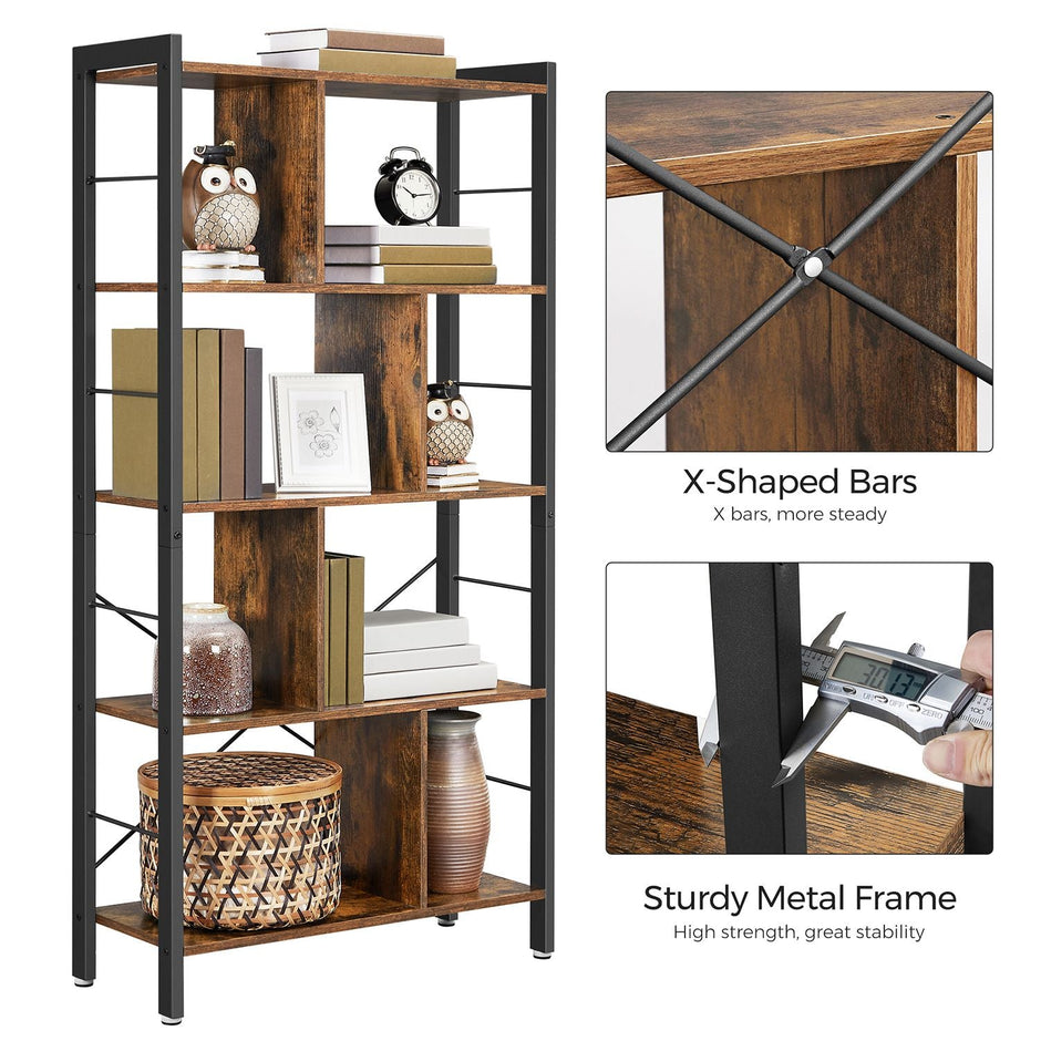 4 Tier Bookshelf – Engineered Wood and Iron – Rustic Brown – Large Floor Standing Storage Rack