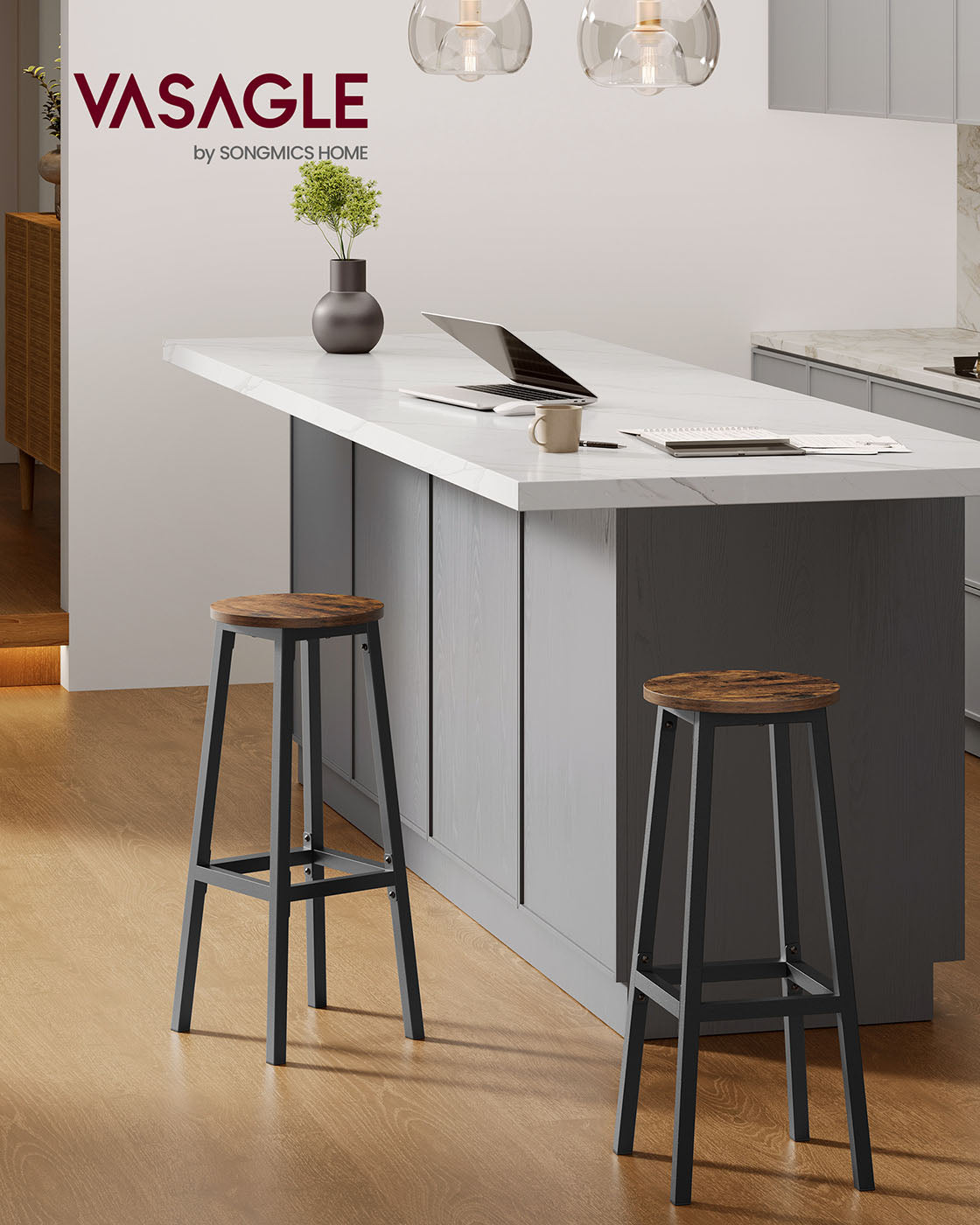 Bar Stools Set of 2 – Metal Frame – Rustic Brown and Black – 74 cm High with Footrest