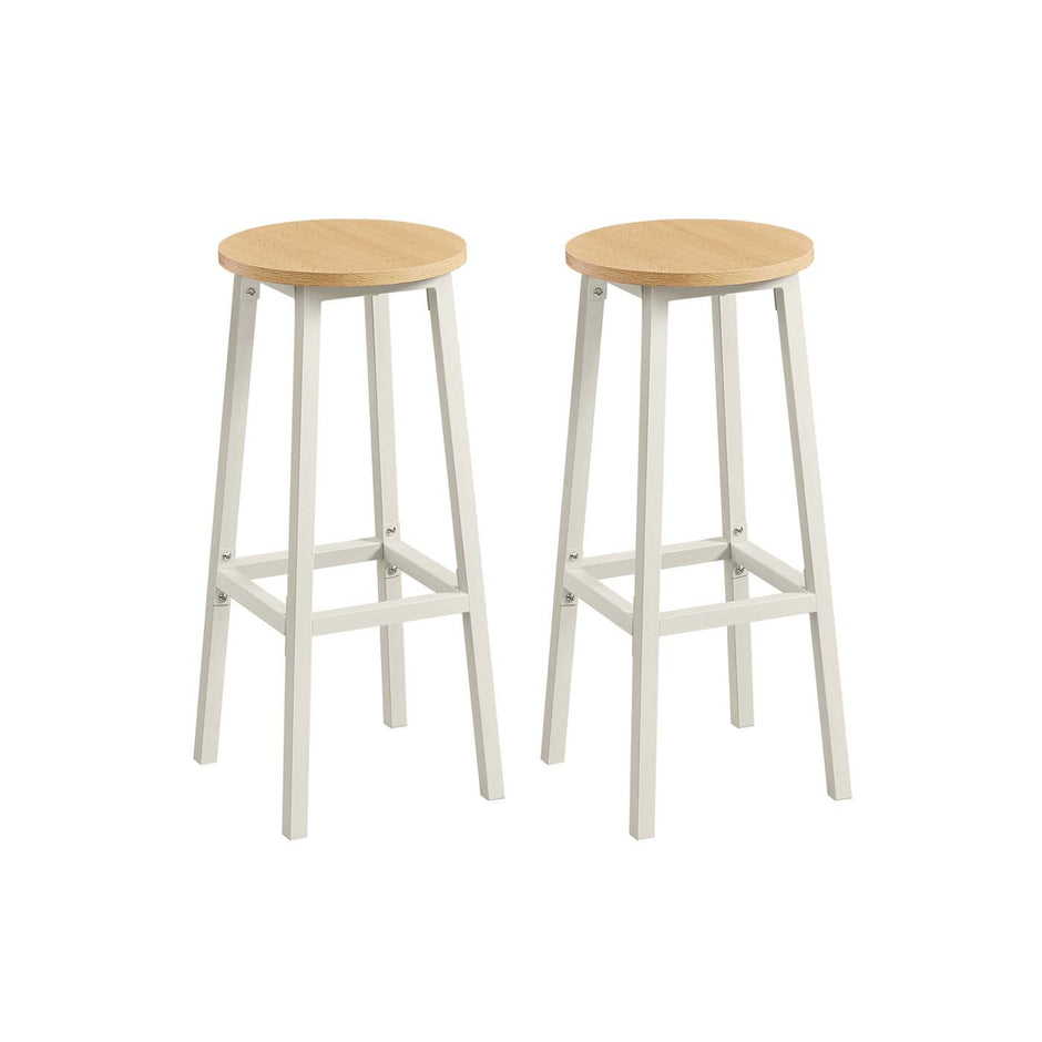 Bar Stools Set of 2 – Metal Frame – Golden Oak and White – 74 cm High