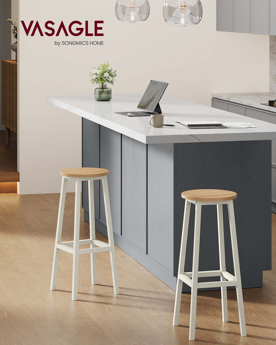 Bar Stools Set of 2 – Metal Frame – Golden Oak and White – 74 cm High