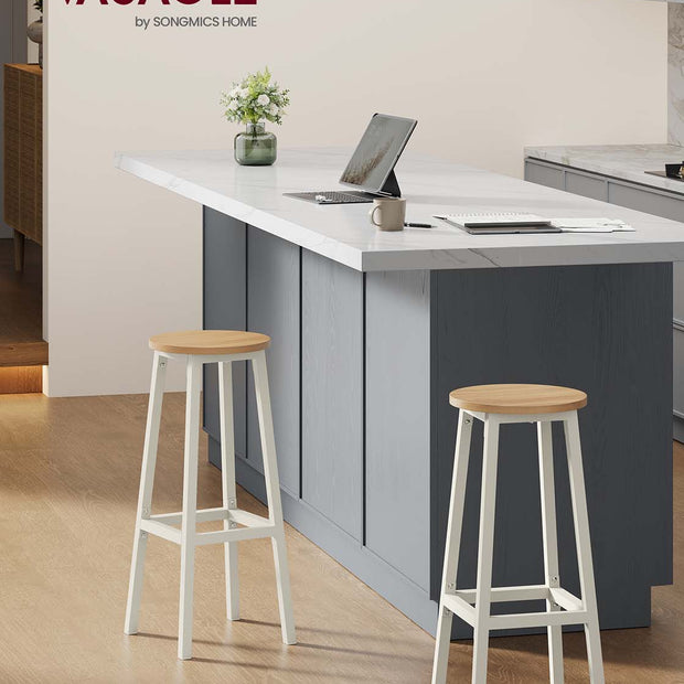 Bar Stools Set of 2 – Metal Frame – Golden Oak and White – 74 cm High