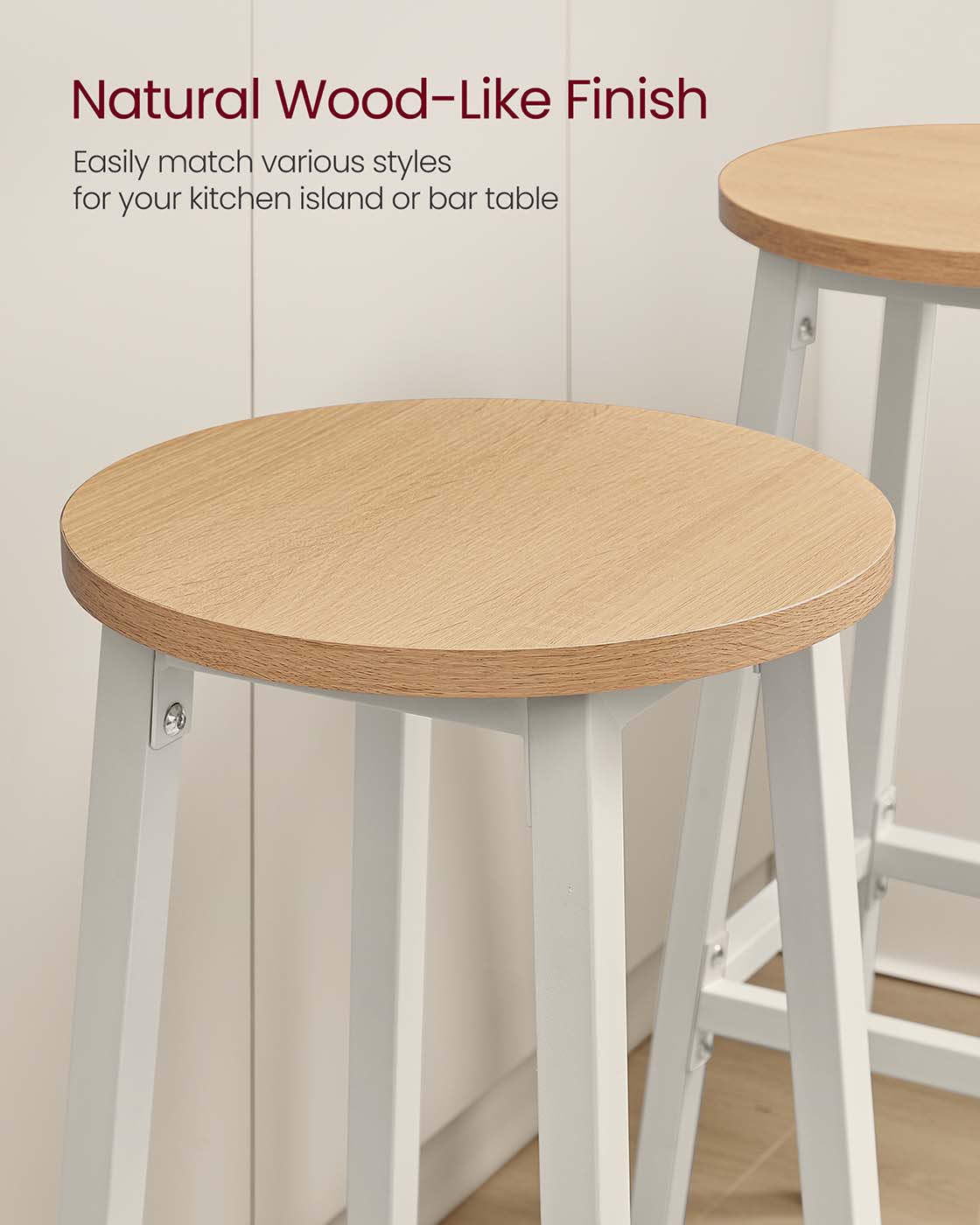 Bar Stools Set of 2 – Metal Frame – Golden Oak and White – 74 cm High