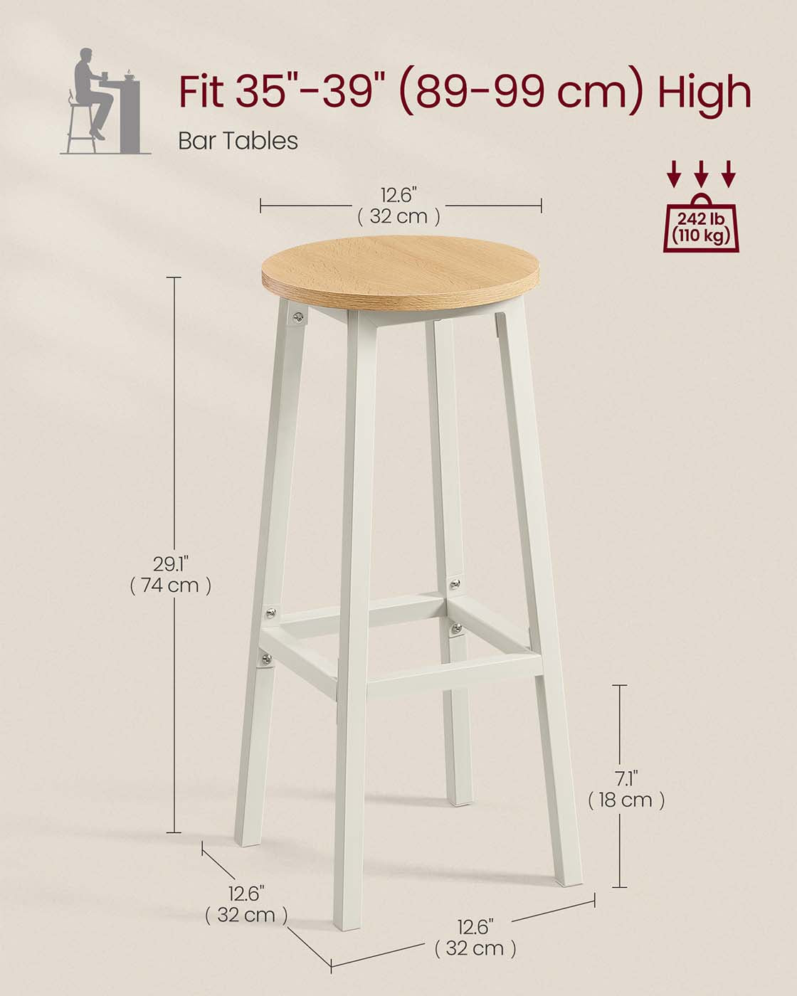 Bar Stools Set of 2 – Metal Frame – Golden Oak and White – 74 cm High