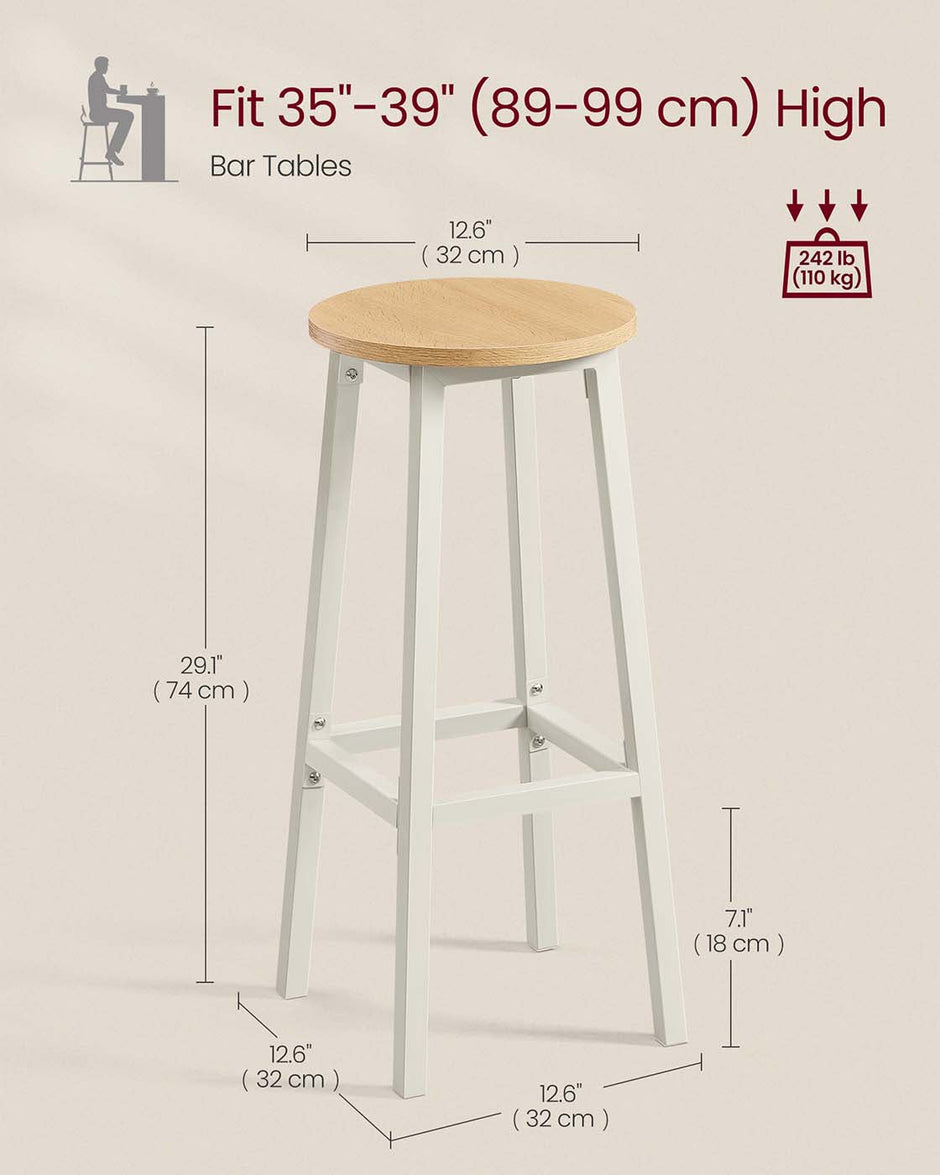 Bar Stools Set of 2 – Metal Frame – Golden Oak and White – 74 cm High