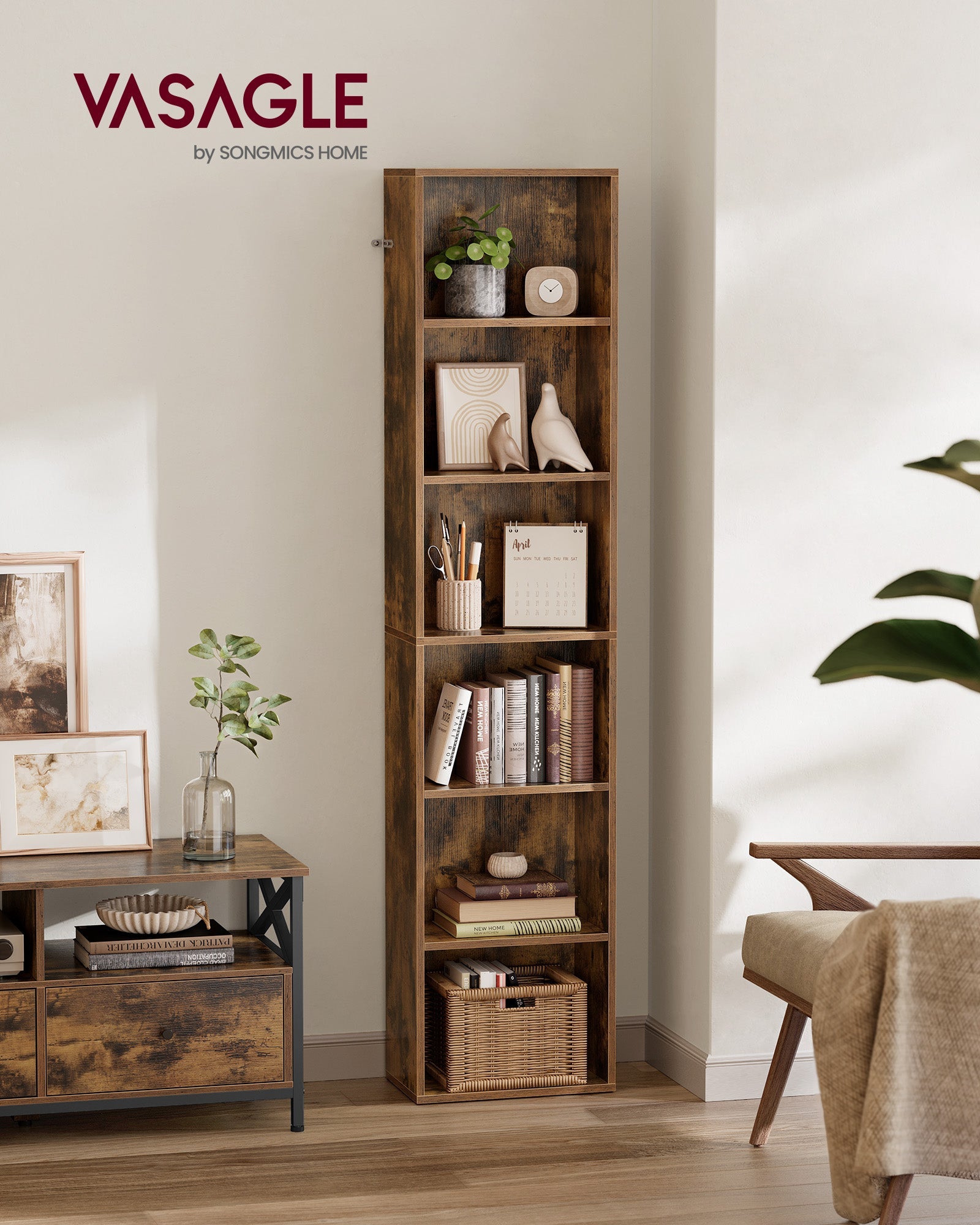 Bookshelf – Metal and Wood – Rustic Brown – 6 Adjustable Shelves