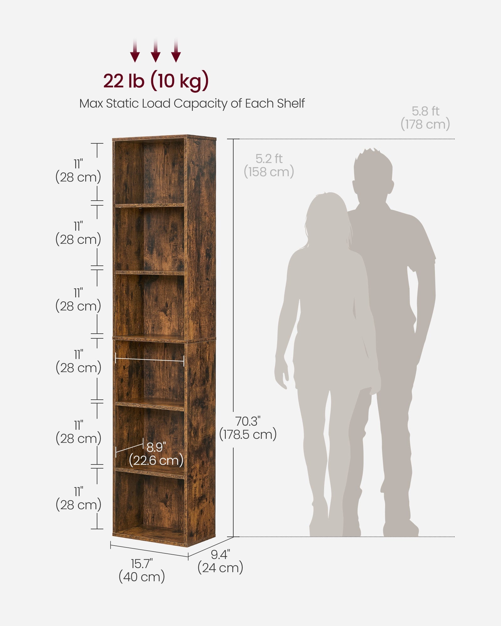 Bookshelf – Metal and Wood – Rustic Brown – 6 Adjustable Shelves