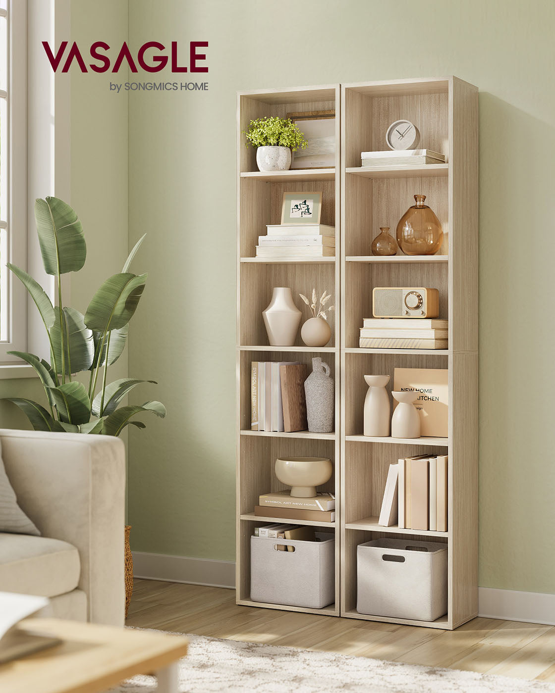 6-Tier Bookcase – Wood – Natural Beige – Adjustable Shelves for Children's Books and Storage