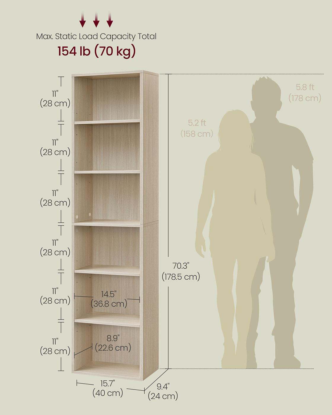 6-Tier Bookcase – Wood – Natural Beige – Adjustable Shelves for Children's Books and Storage