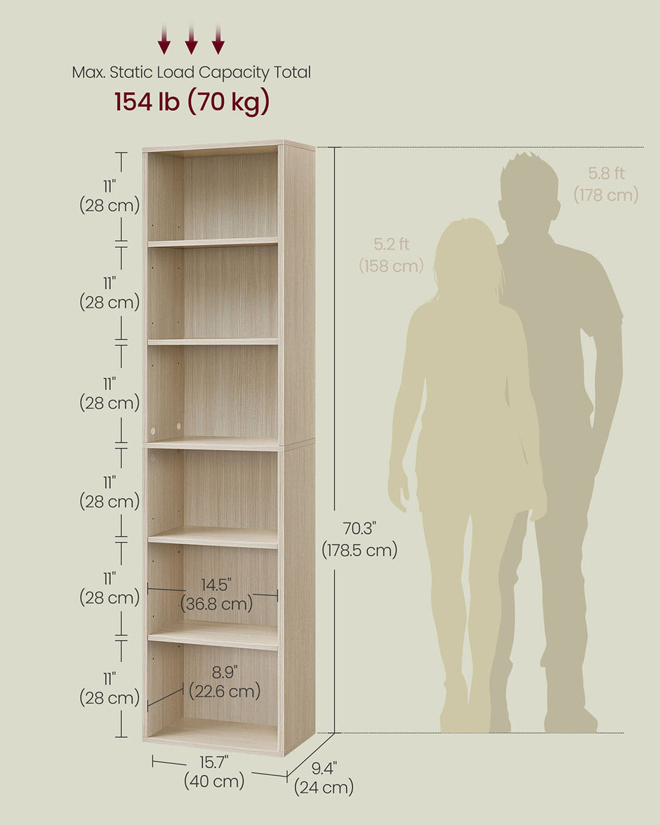 6-Tier Bookcase – Wood – Natural Beige – Adjustable Shelves for Children's Books and Storage