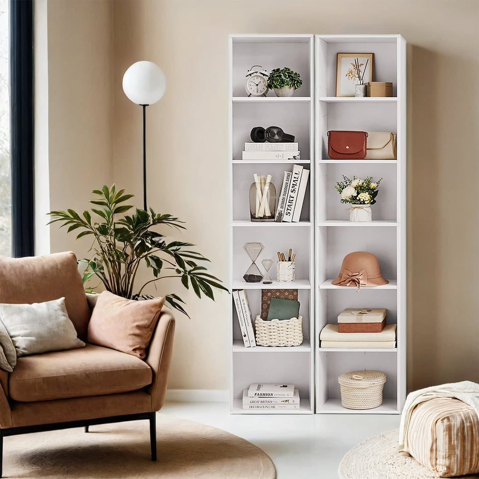 Bookshelf – Wood – Natural Finish – 6 Adjustable Shelves for Home Office and Children's Storage