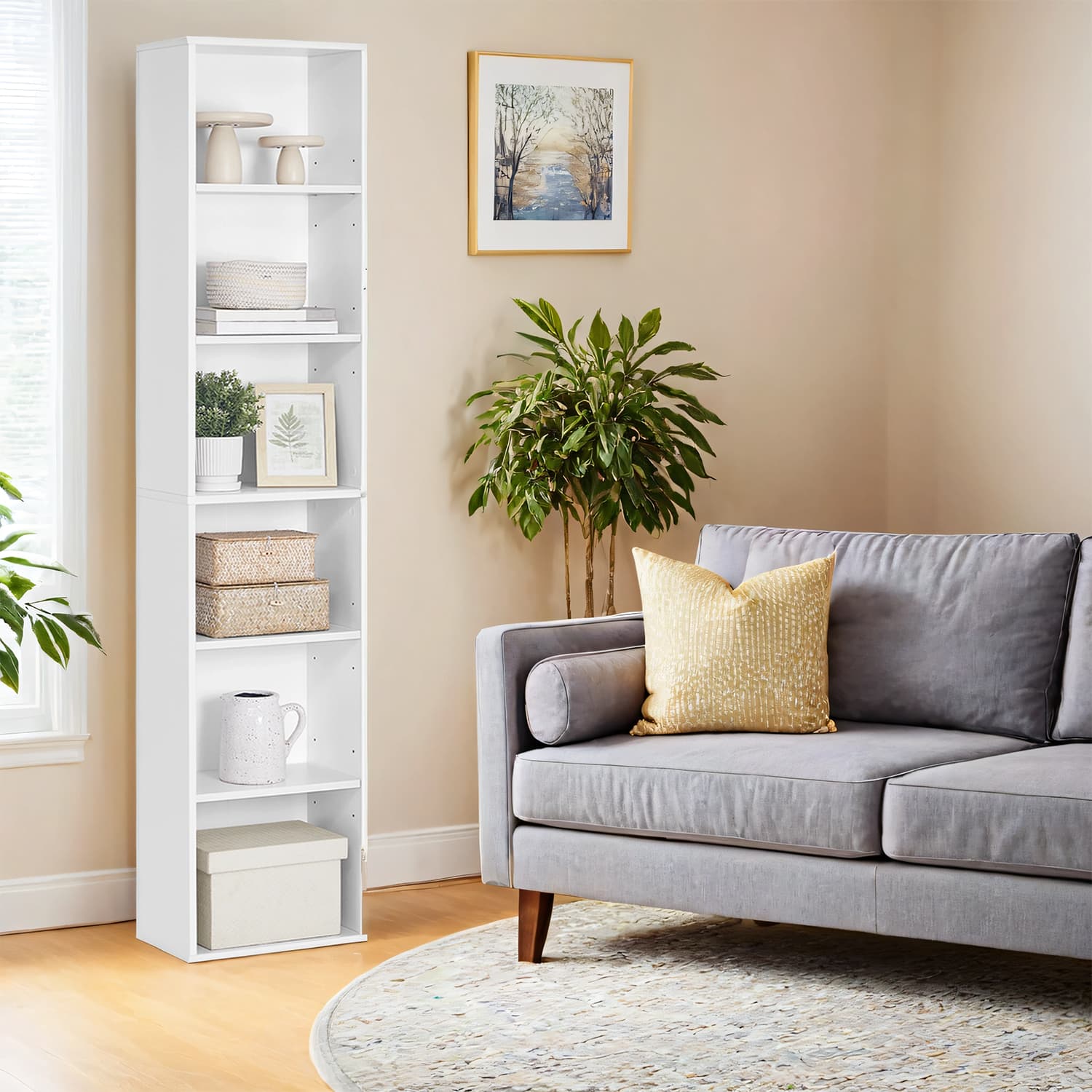Bookshelf – Wood – Natural Finish – 6 Adjustable Shelves for Home Office and Children's Storage