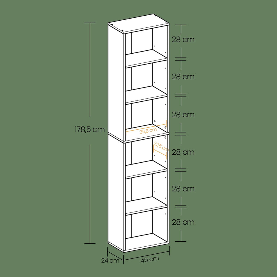 Bookshelf – Wood – Natural Finish – 6 Adjustable Shelves for Home Office and Children's Storage