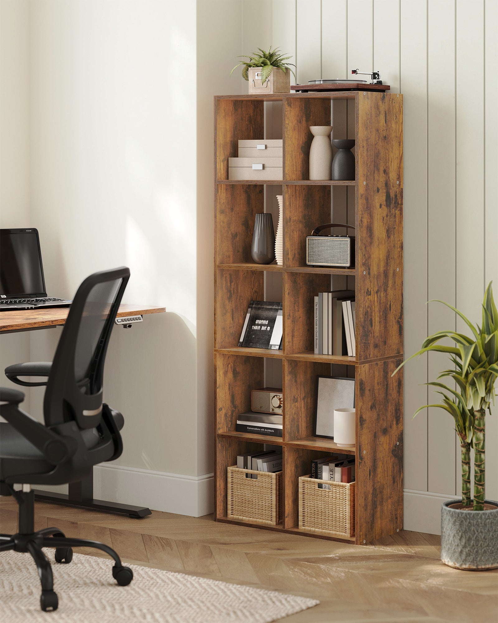 10-Cube Bookcase – Wood – Rustic Brown – Multi-Functional Storage Unit