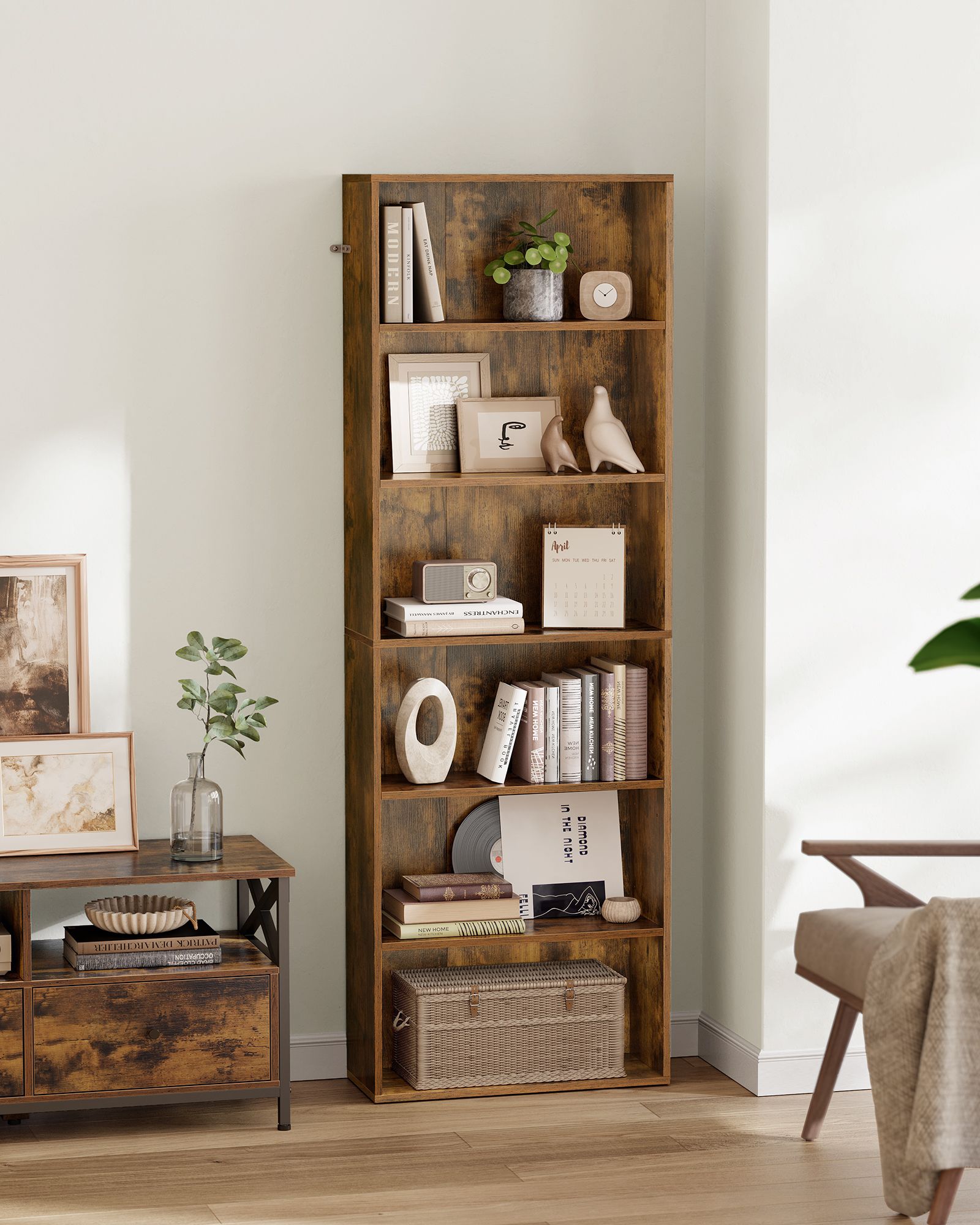 Industrial Bookcase – Wood – Rustic Brown – 6 Adjustable Shelves for Home Office and Children's Storage