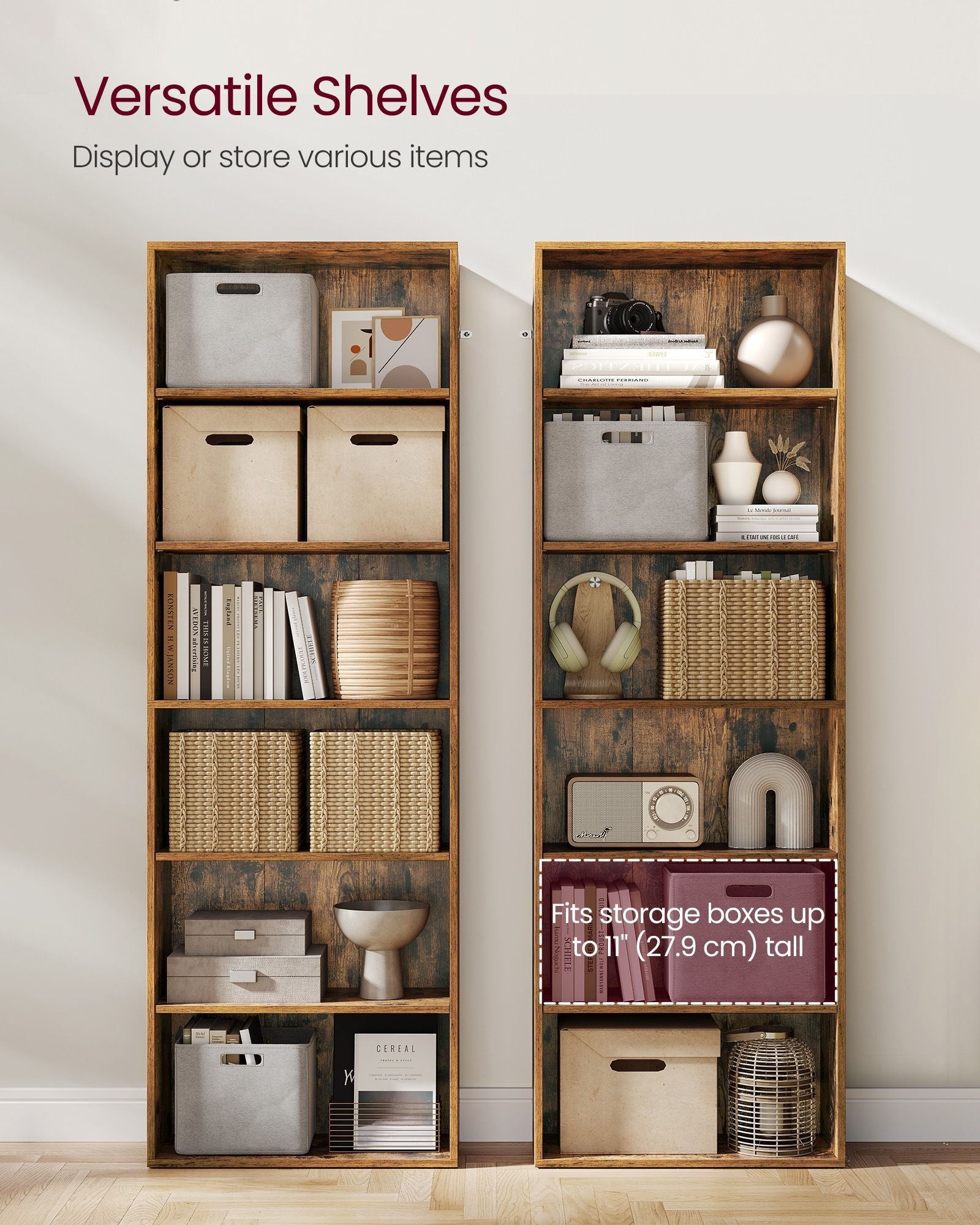 Industrial Bookcase – Wood – Rustic Brown – 6 Adjustable Shelves for Home Office and Children's Storage