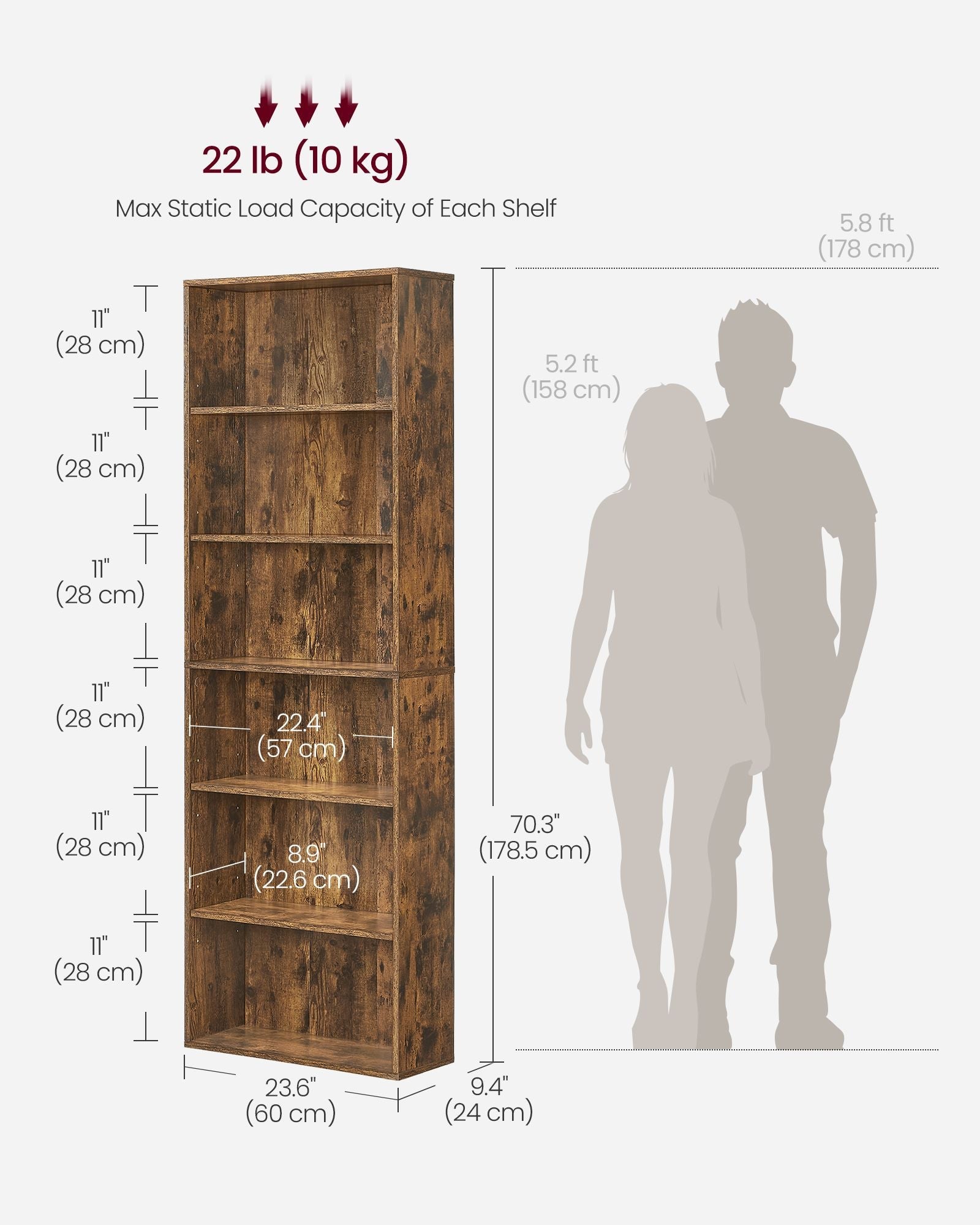 Industrial Bookcase – Wood – Rustic Brown – 6 Adjustable Shelves for Home Office and Children's Storage
