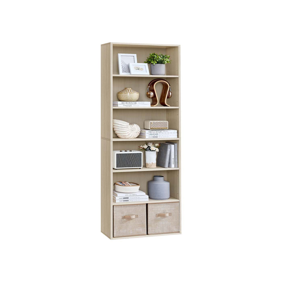 Bookcase – Wood – Natural Beige – 6-Tier Open Storage with Adjustable Shelves
