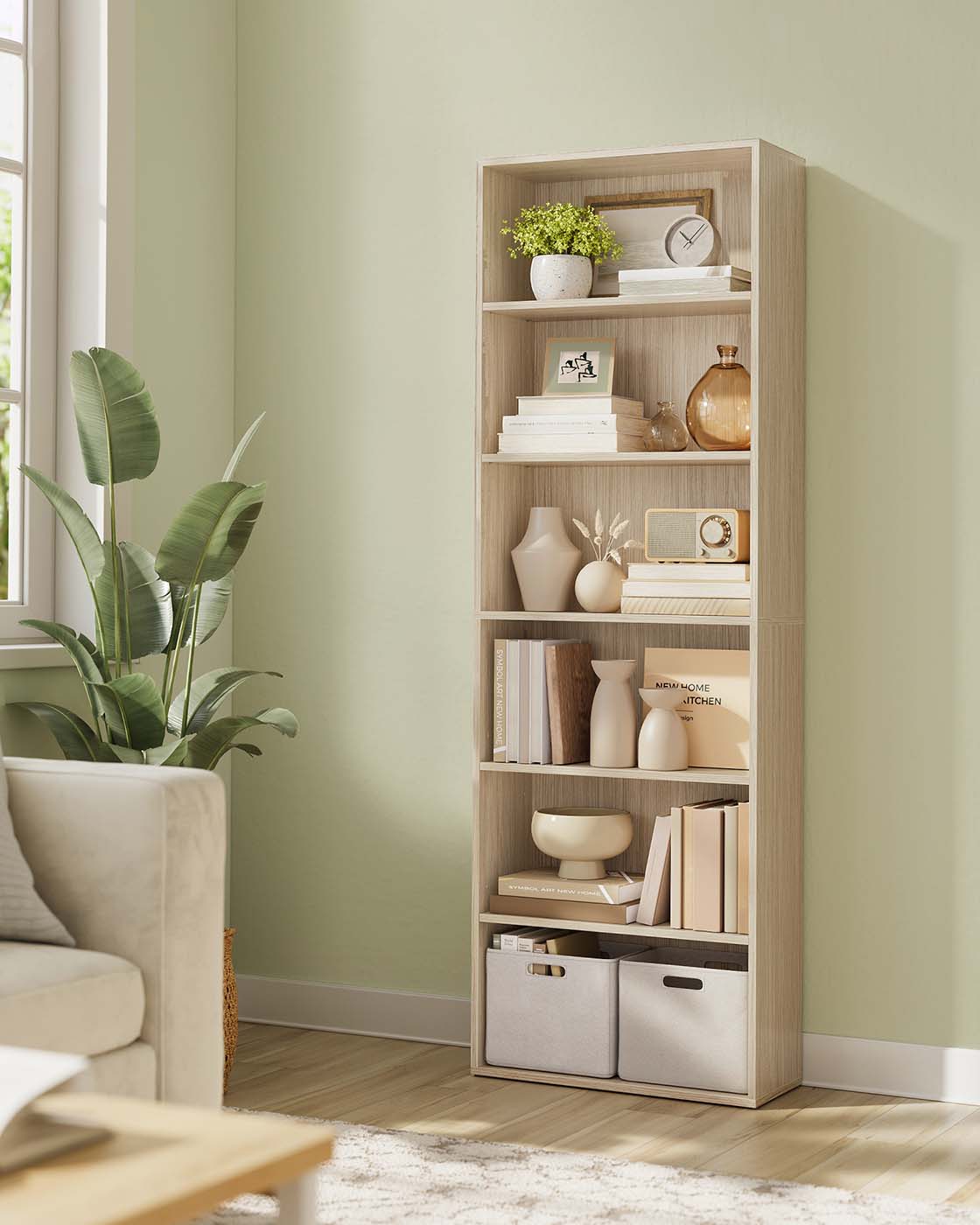Bookcase – Wood – Natural Beige – 6-Tier Open Storage with Adjustable Shelves