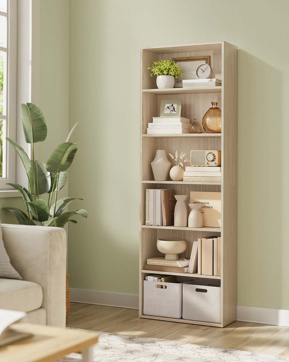 Bookcase – Wood – Natural Beige – 6-Tier Open Storage with Adjustable Shelves